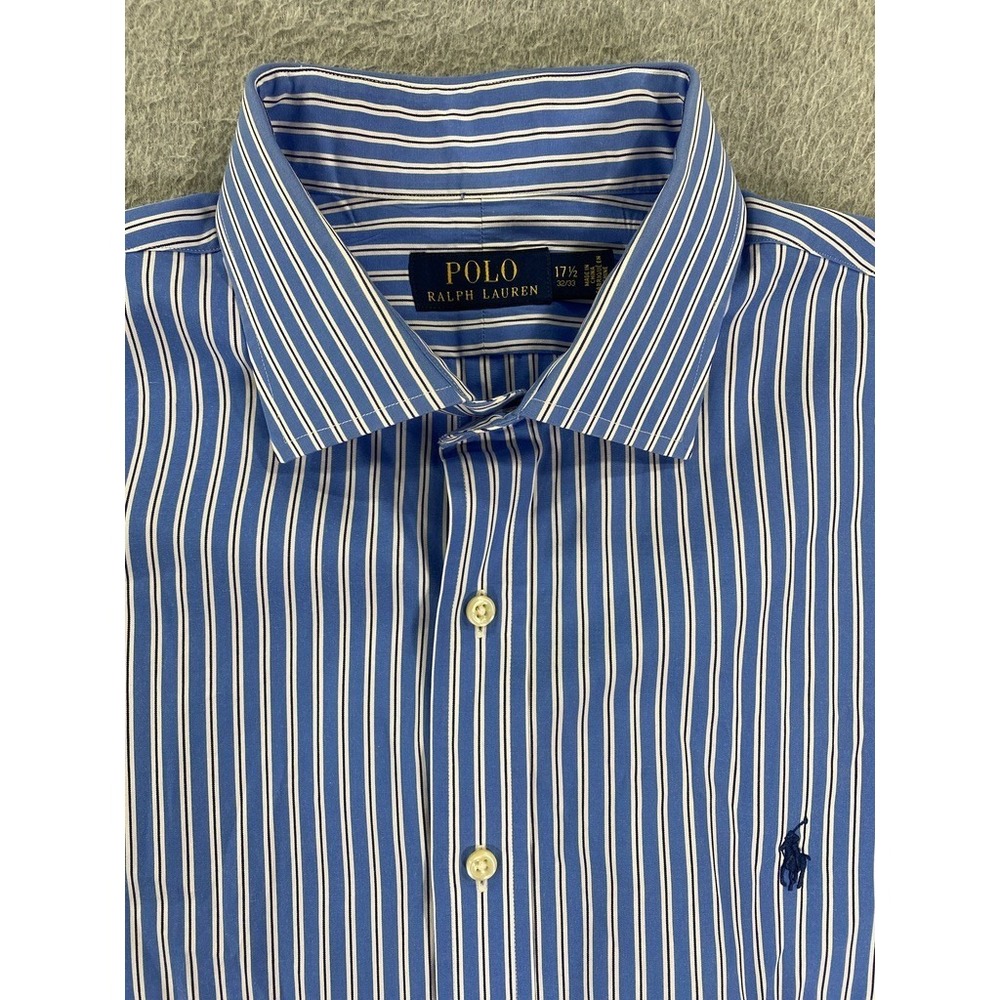 Polo by Ralph Lauren Mens Dress Shirt 17.5 32/33 Blue White Striped Pony Logo